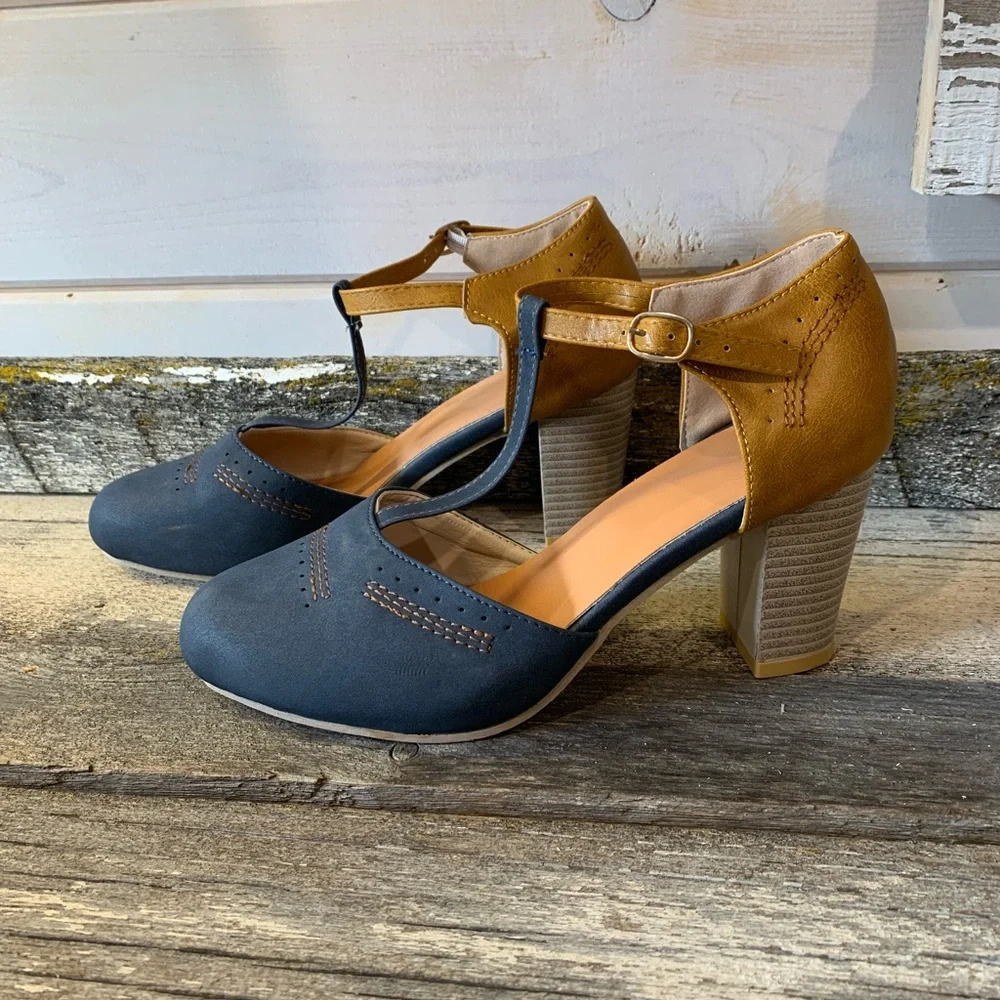 Navy & Tan Heeled Sandals - Picture 2 of 7